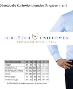 Größentabelle Konfektionshemden Angaben in cm