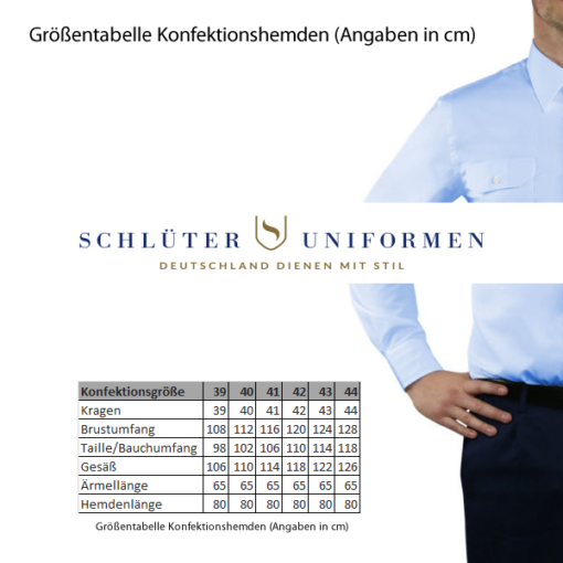 Größentabelle Konfektionshemden Angaben in cm